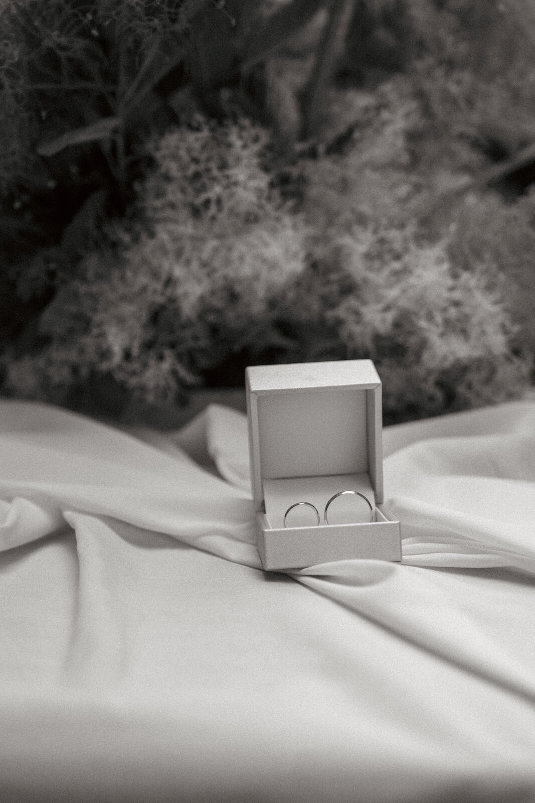 Two wedding rings in an open box